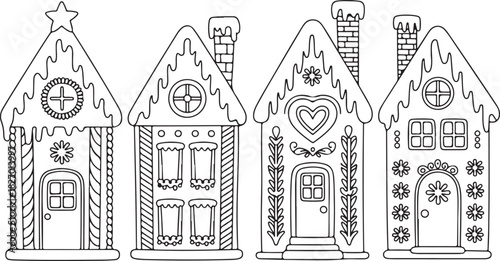 Four decorative gingerbread houses in a row silhouette