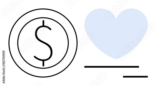 Dollar coin beside a heart shape outlines the balance between wealth and emotions. Ideal for finance, care, charity, wealth management, relationships, emotional intelligence, and prioritization