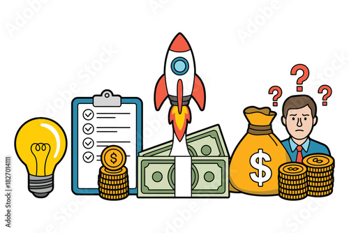 Illustration showing a rocket launching from money with business elements near
