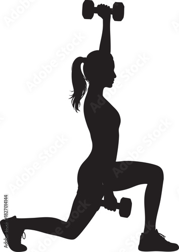 A black silhouette of a woman in athletic wear performing a lunge with dumbbells, one held overhead, against a white background.