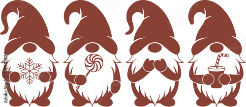 Four vector stencils of gnomes for cutting. Window decoration, gnome protrusion