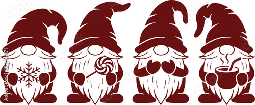 Four vector stencils of gnomes for cutting. Window decoration, gnome protrusion