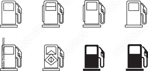 Eight gas pump icons, diverse styles: thin line, bold outline, rounded soft, and solid silhouettes. ideal for fuel, energy, transport design. Vector