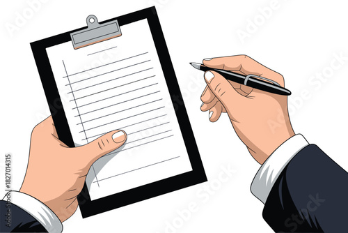 Illustration of hands holding a clipboard and pen ready to write on it
