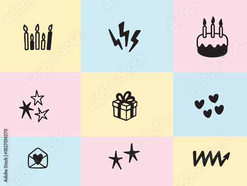 Set of cute hand drawn doodle happy birthday greeting cards, kid party invitations, funny badges, tags, labels, childish posters vector illustration