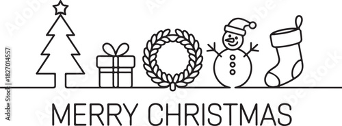 Linear style design for winter holidays with Christmas tree, gift box, snowman and stocking