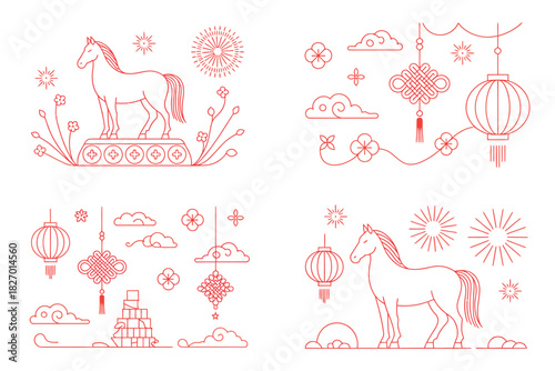 Four illustrations of chinese new year elements in red outline on white background