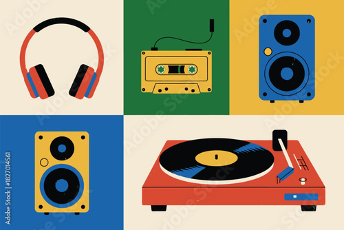 Illustration of retro music equipment including headphones and turntable