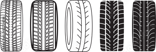 Collection of five distinct vehicle tire tread patterns in black and white, showcasing various automotive wheel traction designs and profiles for transport safety Vector