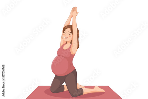 Pregnant woman in yoga pose with arms raised on a red yoga mat smiling