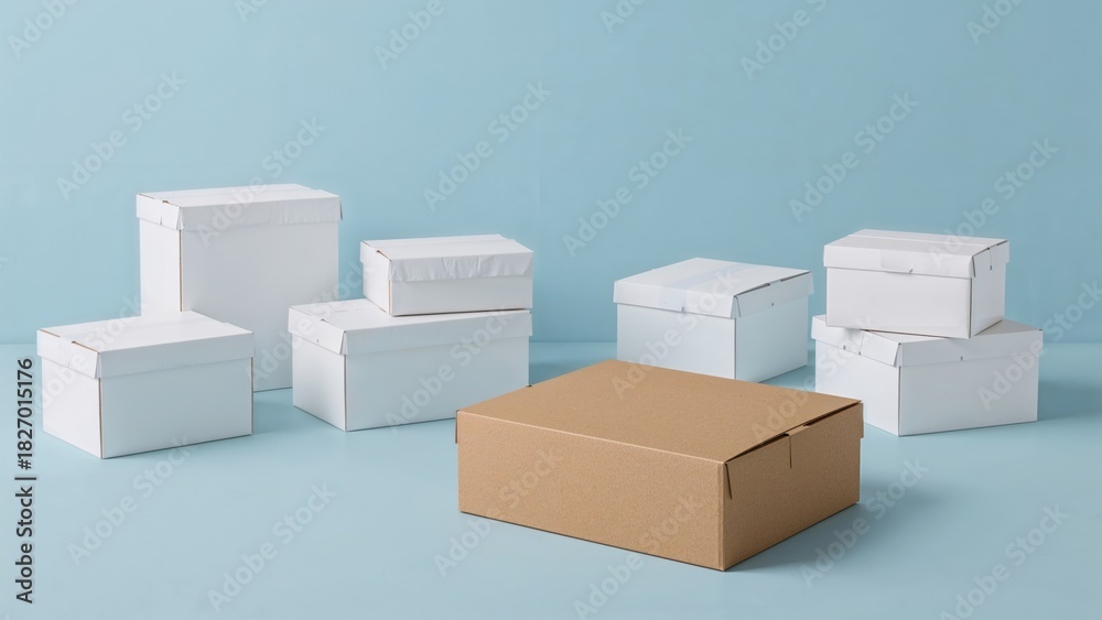 Fototapeta premium Multiple white cardboard boxes and one brown box on a light blue background. Packaging and storage, concept. Cardboard boxes, storage solutions, logistics. The concept of packaging and storage solu...
