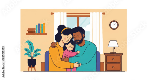 A diverse family hugging on a couch in their living room. Flat design vector illustration. Concept of love, togetherness, and a happy home