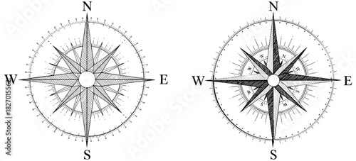 Graphic representation of two different compass roses, symbolizing direction, journey, and exploration