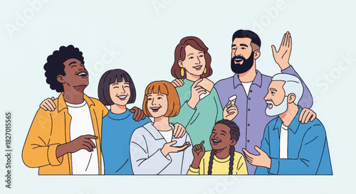 A diverse group of happy people smiling together. Vector illustration of community, friendship, and inclusion. Modern line art with flat colors