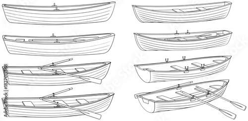 Collection of handdrawn rowboat illustrations from various angles, featuring classic wooden boats with oars