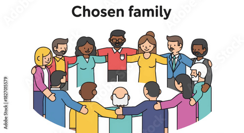 A diverse group of people in a circle representing a chosen family. Community, support, and friendship concept. Flat cartoon vector illustration about inclusion and togetherness