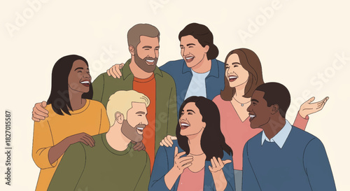 A diverse group of friends laughing together. Community, teamwork, and friendship concept. Modern flat design vector illustration