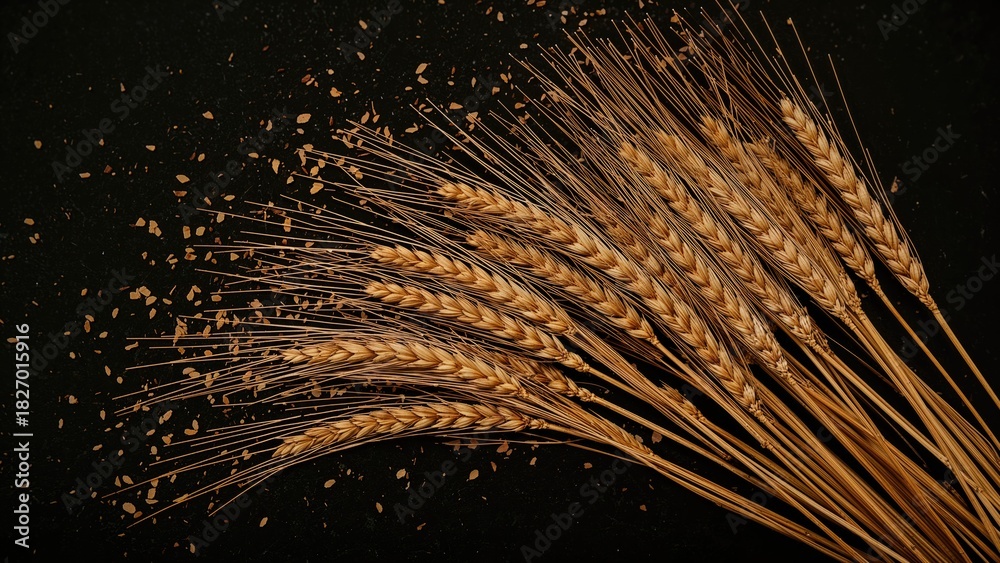 Obraz premium Wheat stalks with seeds and dust on a dark background.