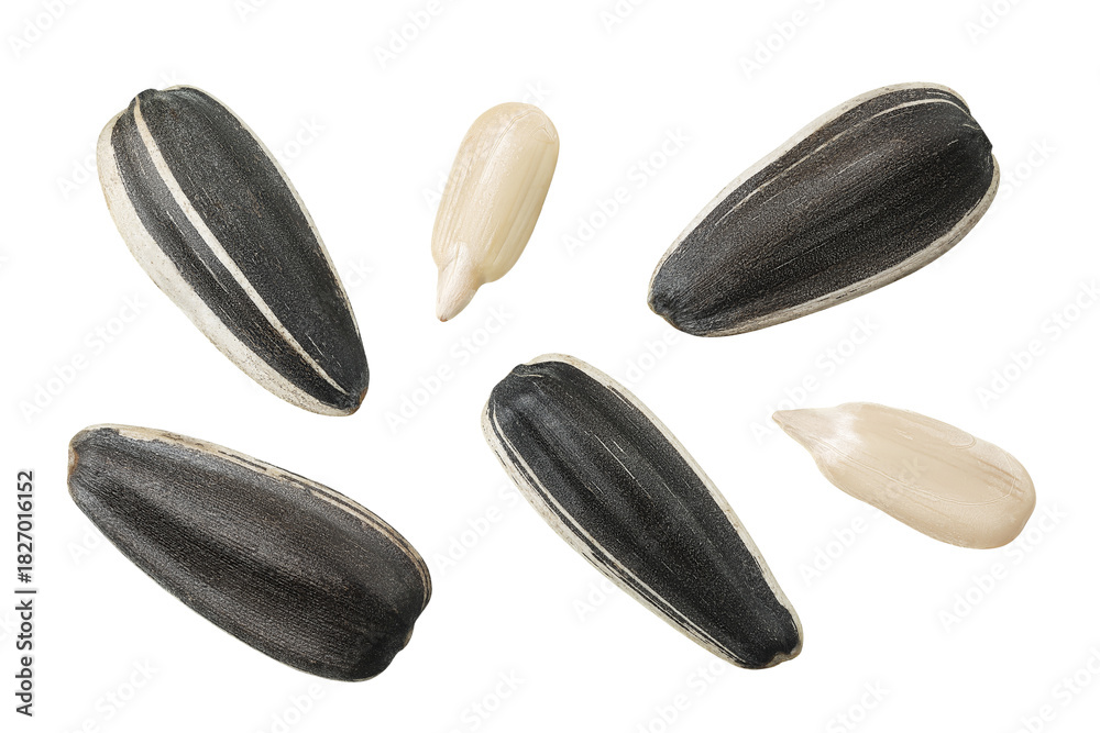 Fototapeta premium Sunflower seeds isolated on white background. Top view. Flat lay
