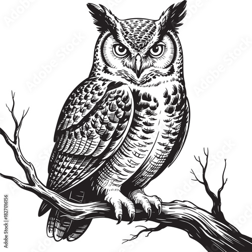 A striking black and white drawing of a Great Horned Owl perched on a bare tree branch, showcasing intricate feather detail and piercing eyes.