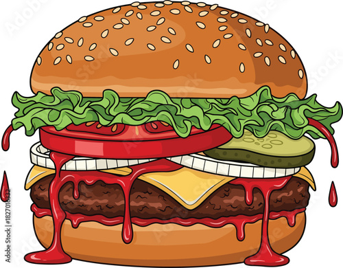 Juicy hamburger illustration, dripping ketchup, beef patty, melted cheese, lettuce, tomato, onion, pickles, sesame bun, food art, vector drawing