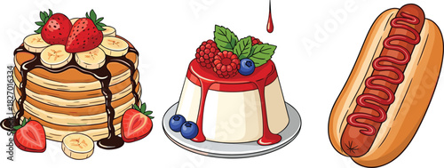 Pancakes with fruit topping, custard dessert with berries, hot dog with ketchup, delicious food illustration, colorful breakfast, tasty snack, gourmet meal