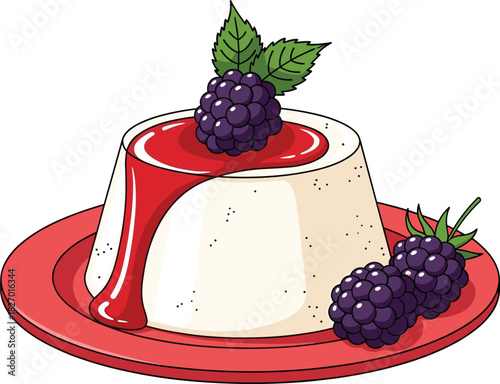 Panna cotta dessert, red plate, fruit sauce, blackberry garnish, creamy texture, sweet treat, food illustration, elegant dessert, vector art