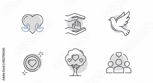 Set of six icons representing love and care concepts.