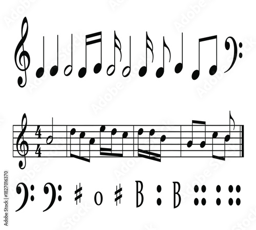 Essential musical notation symbols, featuring treble and bass clefs, various note values, rests, sharps, flats, and other key elements, isolated on white