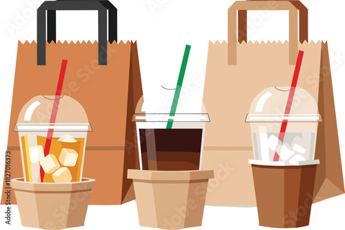 Takeaway drinks, iced coffee, juice, milk beverage, paper bags, plastic cups, dome lids, straws, cardboard holder, café packaging, delivery