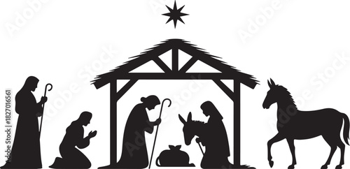 Nativity Scene Silhouette, Christmas, Nativity Christmas Scene vector illustration