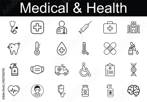 Medicine and health set of web icons in line style. Immunization icon set, line art editable stroke, vaccination healthcare design, Emergency, medical equipment, RX, MRI, doctor, lab, virus, prescript