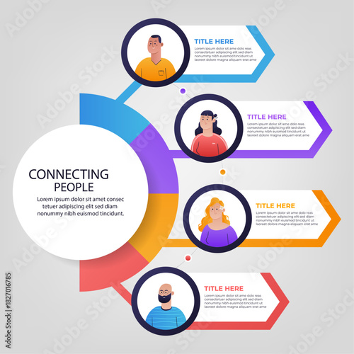 Hand drawn flat design connecting people infographic, Vector infographic template featuring a modern, 3D-style circular layout divided into 4 steps. Ideal for presenting business processes, timelines