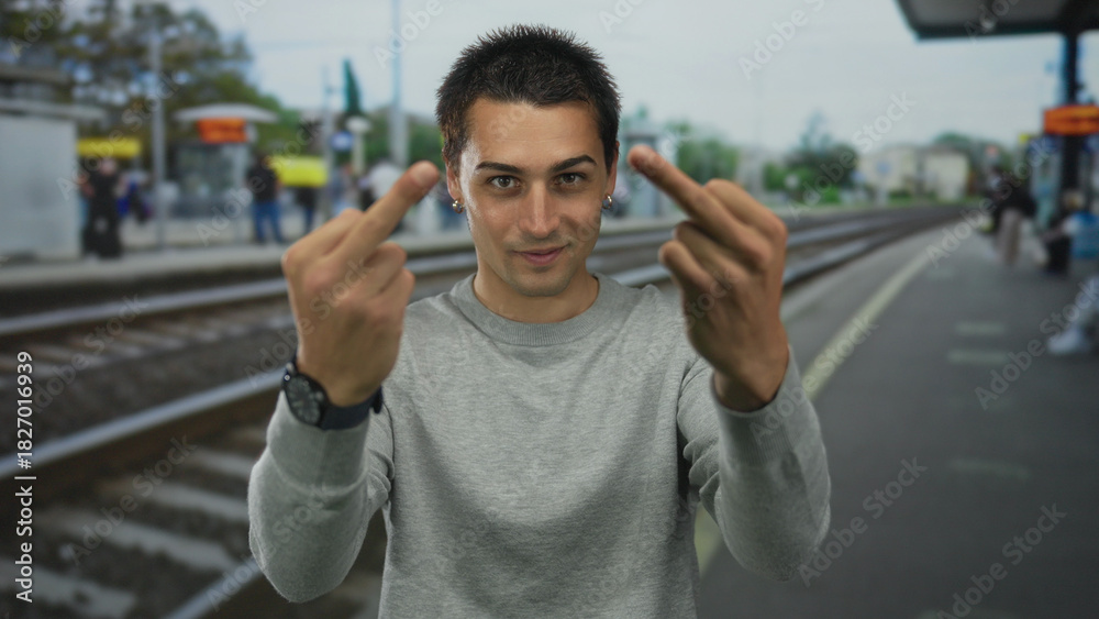Naklejka premium Young hispanic man flips both middle fingers directly at camera in a busy train station; anger defiance.