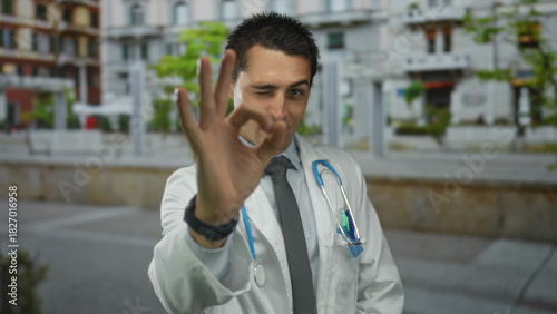 Young hispanic man doctor with stethoscope standing outdoors in urban city setting, wearing medical uniform and appearing professional.