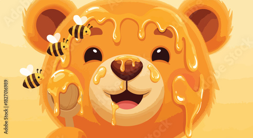 A cartoon bear's face is covered in dripping honey, with three bees flying around it, one holding a spoonful of honey.