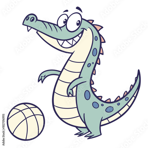 Cheerful Cartoon Alligator Standing Next to a Ball with white background