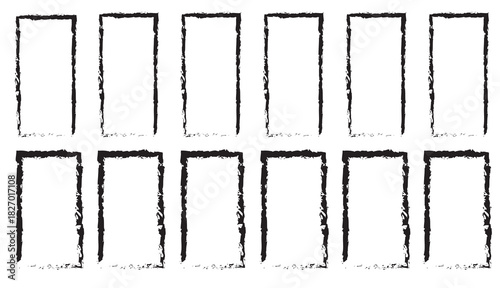 Grunge frames. Rough black rectangular frame with textured distressed torn paper edges. Retro grunge dirty brush borders for overlays, old posters and flyers, vintage photo. Isolated vector set.