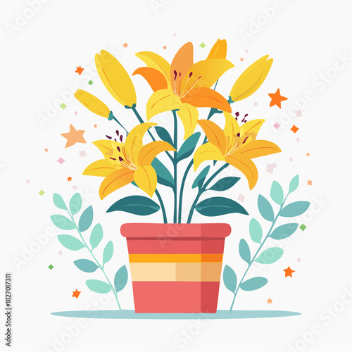 A radiant illustration of blooming yellow lilies in a charming striped pot, symbolizing growth, happiness, and the fresh beauty of springtime flora