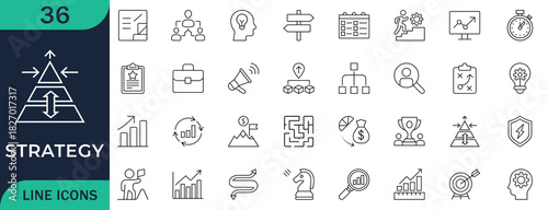 Minimal line style business strategy icon set, Featuring planning, growth, analysis, teamwork, goals, performance, investment, and corporate decision symbols.
