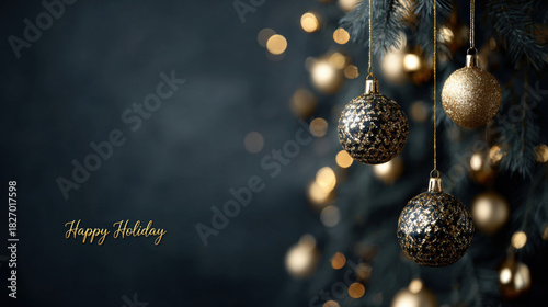 Happy holiday moody background with christmas tree and large bokeh lights