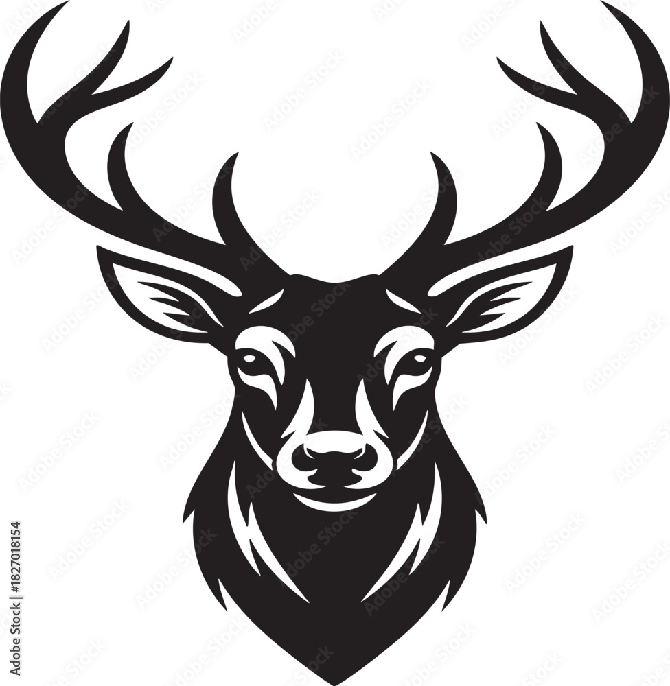 Naklejka premium A dark silhouette of a stag's head with impressive, branching antlers against a light gray background.