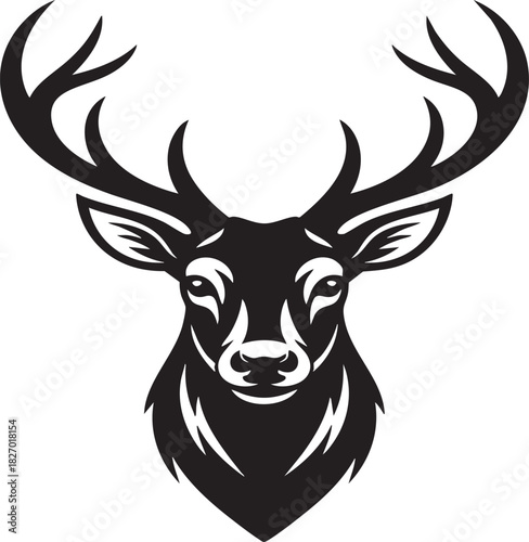 A dark silhouette of a stag's head with impressive, branching antlers against a light gray background.