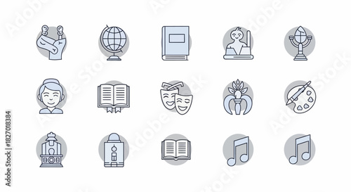 Collection of Education and Arts Icons Representing Knowledge and Creativity.