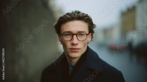 Young man with glasses looking at the camera on a city street