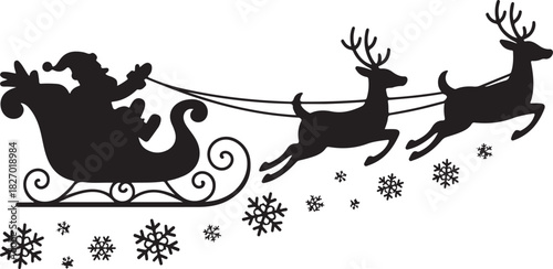 Santa Claus silhouette flying over snowflakes in sleigh full of gifts with reindeers . Merry christmas and Happy new year decoration. Vector