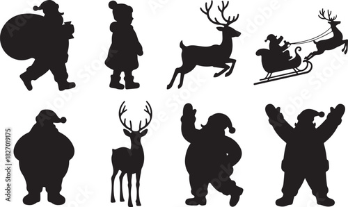 Santa Claus, deer, Santa in sleigh silhouette collection for Christmas decoration. Santa Claus in sleigh full of gifts with reindeer. Merry Christmas silhouette set