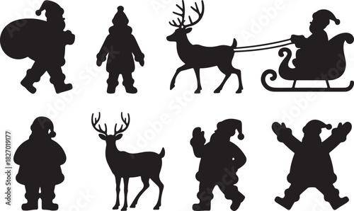 Santa Claus, deer, Santa in sleigh silhouette collection for Christmas decoration. Santa Claus in sleigh full of gifts with reindeer. Merry Christmas silhouette set