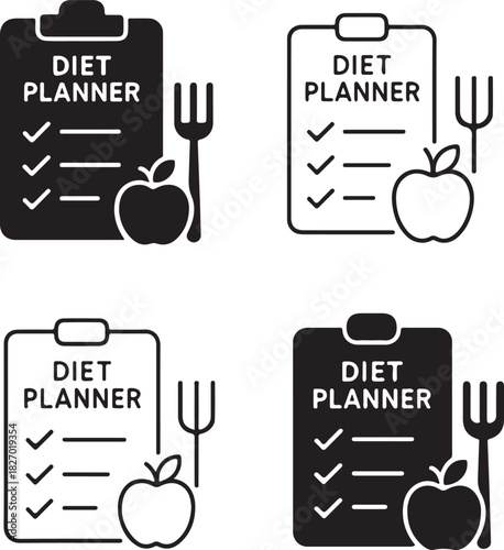 Isolated Diet planner icon, Diet meal scheduling, nutrition guide, black vector, minimal thin stroke, vector, isolated on white background, grid layout, healthy food, planner icon
