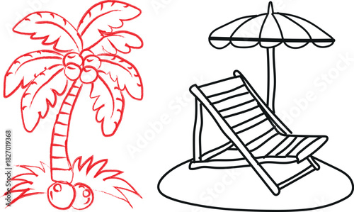 Simple line art of tropical beach scene with palm tree and lounge chair